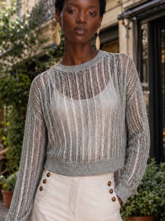 All Saints Tops - AllSaints Silver-Gray Sheer Knit Top